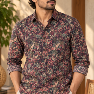 Burgundy Floral  digital Printed Cotton Satin Shirt