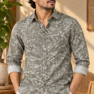 Sage Olive  White Paisley Printed Cotton Shirt