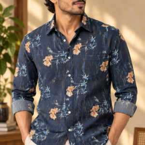 Navy Blue  Floral Printed Cotton Shirt