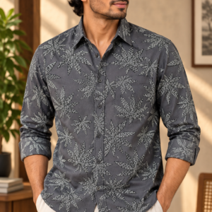 Charcoal Grey Leaf Printed Cotton Shirt