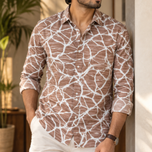 Mocha Brown White Abstract Printed Cotton Shirt