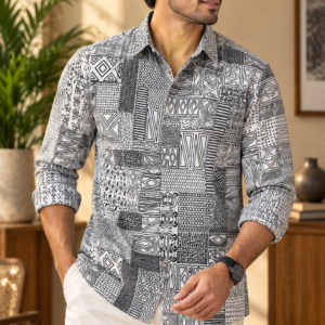 Ivory White Black Geometric Printed Cotton Shirt