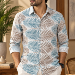Cream Teal & Taupe Leaf Printed Cotton Shirt